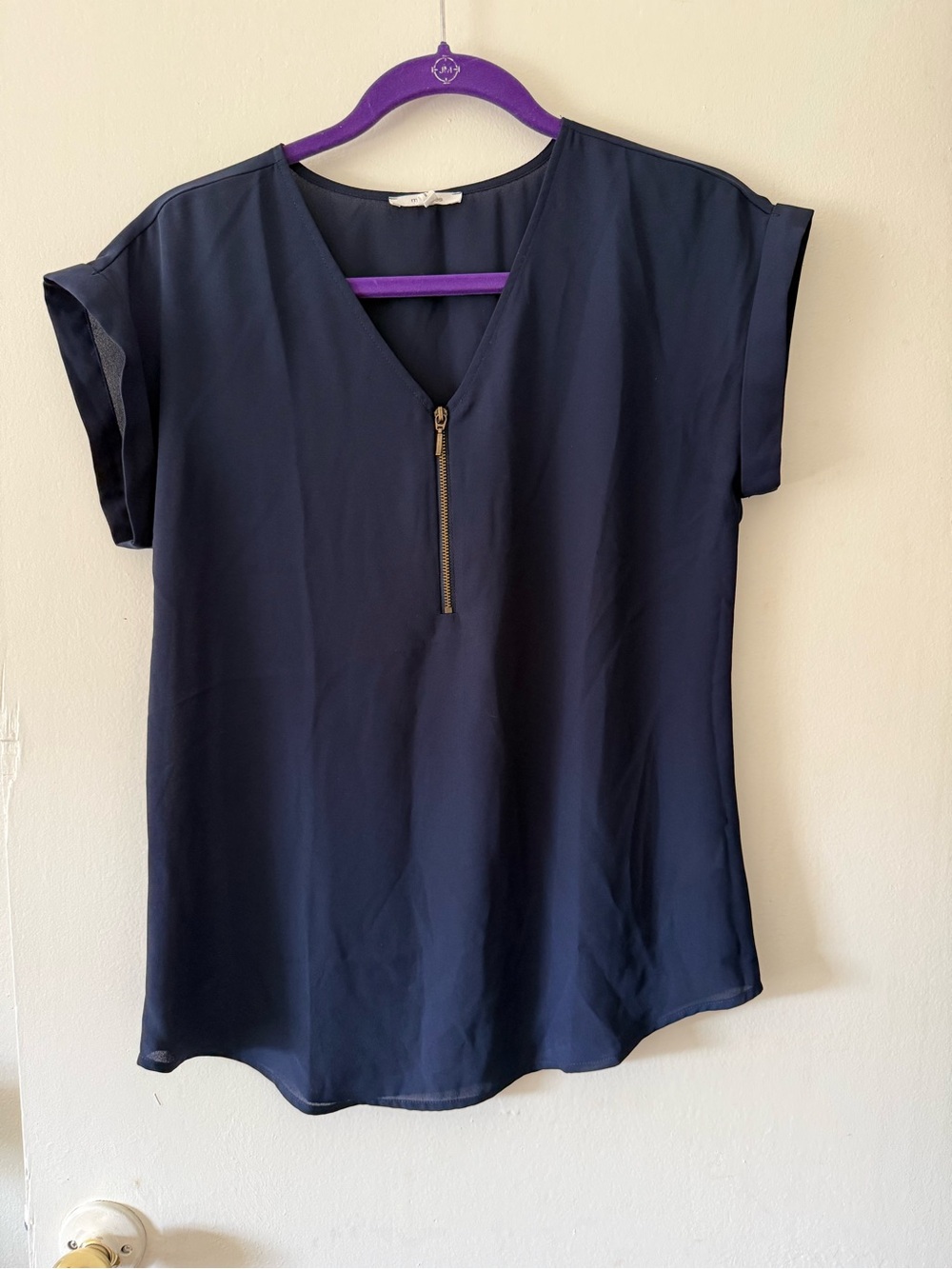 Navy Zip-Front Short Sleeve Blouse